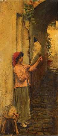 那不勒斯亚麻纺纱机`A Neapolitan Flax Spinner by John William Waterhouse