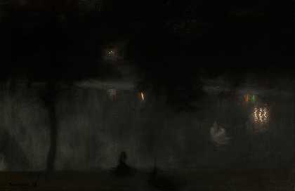夜色中萨斯基花园里的天鹅`Swans in the Saski Garden at Night (1896) by Józef Pankiewicz