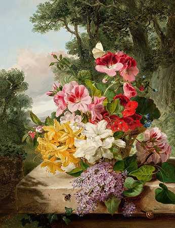 花卉静物画`Floral Still Life (1865) by John Wainwright