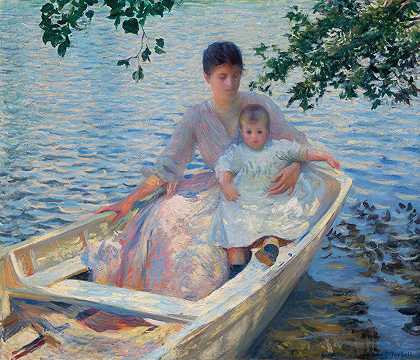 母亲和孩子在船上`Mother and Child in a Boat (1892) by Edmund Charles Tarbell