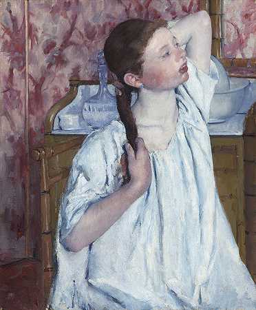 整理头发的女孩`Girl Arranging Her Hair (1886) by Mary Cassatt