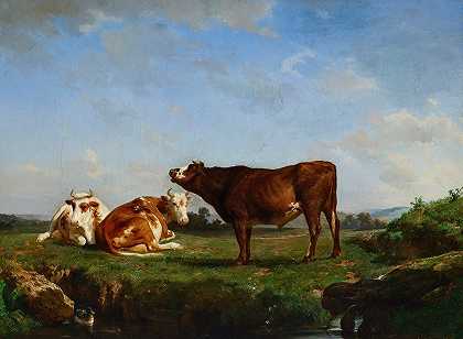 三头牛在牧场上`Trois vaches au pâturage (circa 1842~1850) by Rosa Bonheur