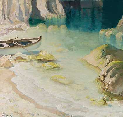 岩石海岸的船`Boat at rocky coast (1924) by Kazimierz Stabrowski