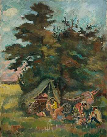 吉普赛人在树下露营`Obóz cygański pod drzewem (1938) by Wacław Wąsowicz