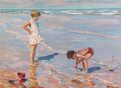 在海滩上玩耍的孩子们`Children Playing on a Beach by Charles Atamian