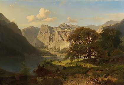 有牧羊人的山间湖泊`A Mountain Lake With Shepherds by Adolf Chwala