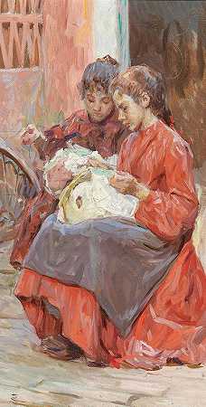 两个女孩在做针线活`Two Girls Engaged in Needlework by Josef Engelhart