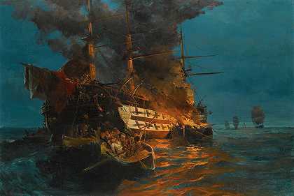 一艘土耳其护卫舰被烧毁`The Burning Of A Turkish Frigate by Constantinos Volanakis