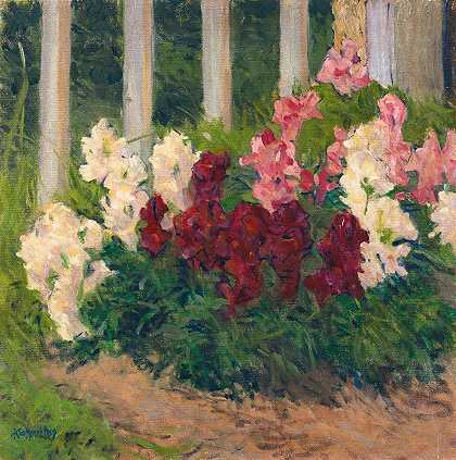花园篱笆前的花`Flowers Before A Garden Fence (1909) by Koloman Moser