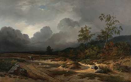 酝酿着雷雨的风景`Landscape with a Thunderstorm Brewing (1850) by Willem Roelofs