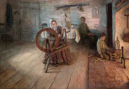在火光下旋转——乔治·华盛顿·格雷的童年`Spinning By Firelight–The Boyhood of George Washington Gray (1894) by Henry Ossawa Tanner