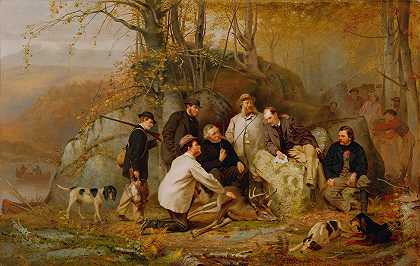 声称开枪阿迪朗达克狩猎后的一组肖像`Claiming The Shot; A Group Of Portraits After The Hunt In The Adirondacks (1865) by John George Brown