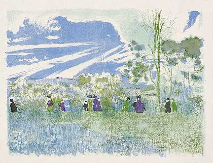 穿过田野，从景观和室内设计中选出三个板块`Across the Fields, plate three from Landscapes and Interiors (1899) by Édouard Vuillard