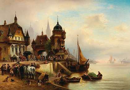 港湾的热闹景象`A lively scene in the harbour by Wilhelm Alexander Meyerheim