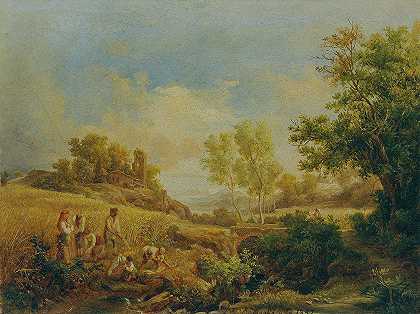 收获干草的风景`Landschaft mit Heuernte (1857) by Károly Markó