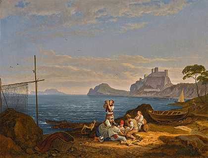 那不勒斯湾，卡普里以外`The Bay Of Naples, Capri Beyond (1830) by Adrian Ludwig Richter