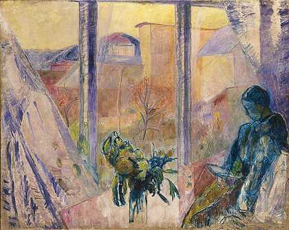 古德伦和艾格尼丝在窗前`Gudrun and Agnes at the Window (1918) by Thorvald Erichsen