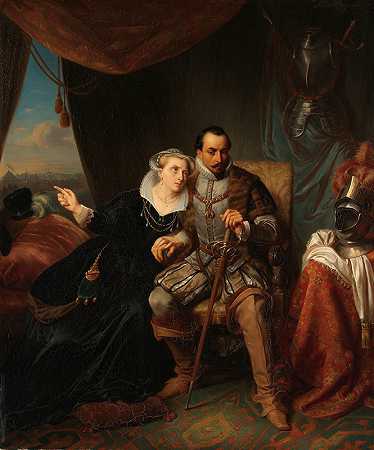 1574年，玛格达琳娜·穆恩斯恳求她的未婚夫弗朗西斯科·瓦尔德斯推迟对莱顿的袭击`Magdalena Moons Begs her Fiancé Francisco Valdez to Postpone the Storming of Leiden another night, 1574 (1840 ~ 1850) by Simon Opzoomer