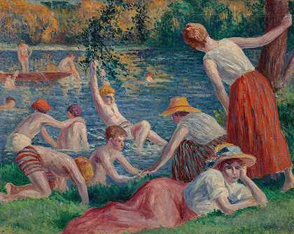 在疗养院游泳`Baignade dans la Cure (1909) by Maximilien Luce