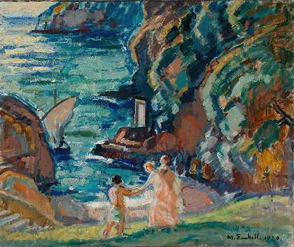 阳光下的岩石海岸，波尔图·菲诺`Rocky Shore in the Sun, Porto Fino (1920) by Magnus Enckell