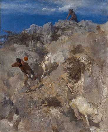 潘吓唬牧羊人（惊恐）`Pan Frightening A Shepherd (Terrified Panic) (1865) by Arnold Böcklin