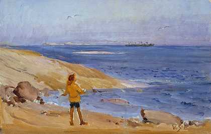 安蒂在岩石海滩上`Antti on a Rocky Beach (1908 ~ 1915) by Venny Soldan-Brofeldt
