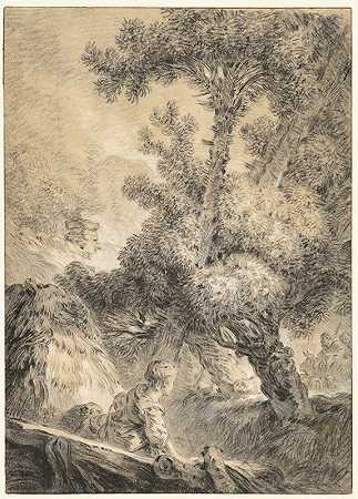 田园风光中的牧羊人和牧羊女`Shepherd and Shepherdess in a Bucolic Landscape (1770) by Jean-Baptiste Huet