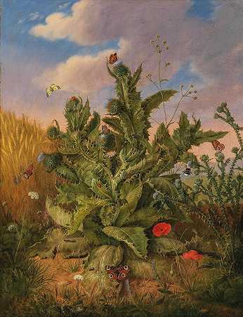 蓟的大型静物，有草地上的花朵和蝴蝶`Large Still Life of Thistle with Meadow Flowers and Butterflies by Georg Seitz