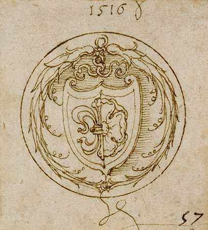 拉扎勒斯·斯宾格勒手臂上的装饰物或图章戒指设计`Design for an Ornament or Signet Ring with the Arms of Lazarus Spengler (1516) by Albrecht Dürer