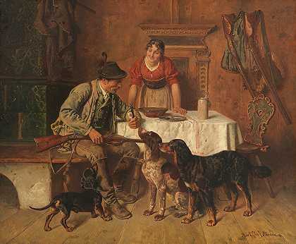 猎人的零食`Brotzeit des Jägers (Ca. 1880~90) by Adolf Eberle