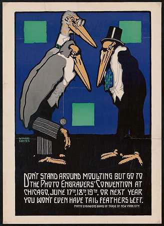 《照片雕刻师平面设计公约》，芝加哥。][以卡通鹳为特色的海报`Graphic design for Photo Engravers Convention, Chicago.] [Poster featuring cartoon~like storks (1915) by Winold Reiss