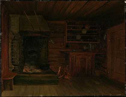 带壁炉的厨房`Kitchen with Fireplace (1879) by Gustav Wentzel