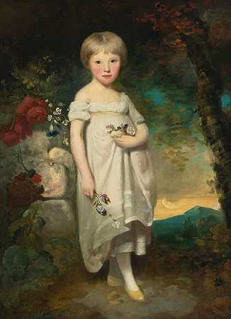 伊丽莎白·巴克勒小姐站在风景中的肖像`Portrait Of Miss Elizabeth Buckler Standing In A Landscape by Sir William Beechey