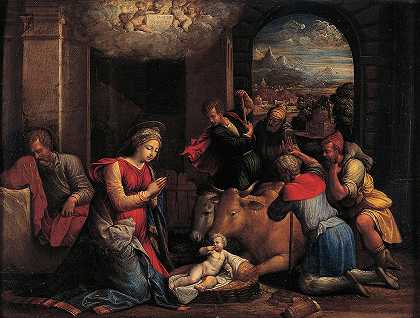 对牧羊人的崇拜`Adoration of the Sheperds (between 1536 and 1537) by Benvenuto Tisi