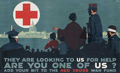 他们正在寻求我们的帮助——你是我们中的一员吗，把你的一部分加入红十字战争基金会`They are looking to us for help – Are you one of us, Add your bit to the Red Cross War Fund (1917) by L.N. Britton