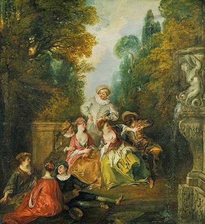 意大利喜剧演员`Italian Comedians by a Fountain (c. 1717~1718) by a Fountain by Nicolas Lancret
