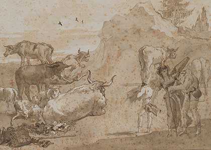牛羊`Sheep and Cows (1790s) by Giovanni Domenico Tiepolo