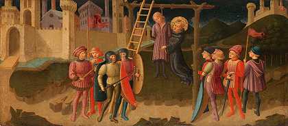 托伦蒂诺的圣尼古拉斯救了一个被绞死的人`Saint Nicholas of Tolentino Saving a Hanged Man (c. 1470) by Zanobi di Jacopo Machiavelli