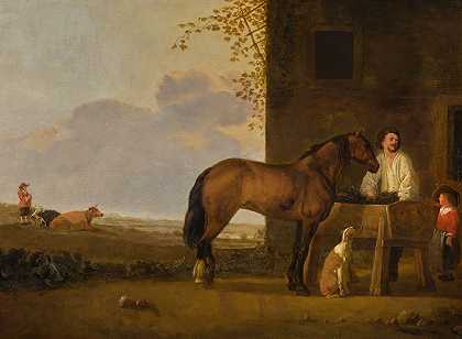 一个骑马的人在看护他的马，一个牛郎在远处牵着他的牛`A horseman tending his horse, a cowherd with his cattle beyond by Abraham Van Calraet