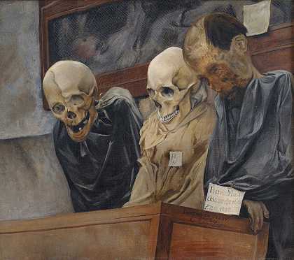 巴勒莫卡普西尼修道院的三个头骨`Three Skulls from Convento dei Cappucini at Palermo (1894) by L.A. Ring