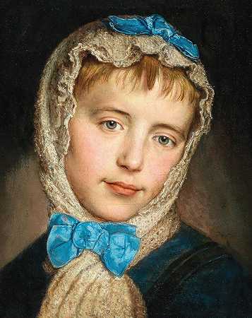 戴蕾丝头巾和蓝色蝴蝶结的女孩`A Girl With Lace Headscarf And Blue Bows by Johann Baptist Reiter
