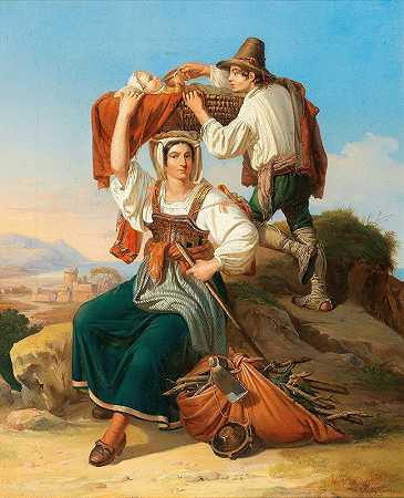 回家休息的家人`Family Resting on their Return Home (1848) by Ernst Heinrich Wilhelm Hampe