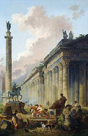 想象中的罗马景观，马库斯·奥雷利乌斯骑马雕像、图拉真圆柱和一座寺庙`Imaginary View of Rome with Equestrian Statue of Marcus Aurelius, the Column of Trajan and a Temple by Hubert Robert