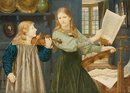 二重唱亚历山德拉的肖像，牧师的女儿。G.Kitchin和画家的女儿Winifrid`The Duet; Portraits of Alexandra, daughter of Rev. G. Kitchin and Winifrid, daughter of the painter by Henry James Holiday
