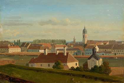从多瑙河到利奥波德施塔特的风景`Blick über den Donaukanal zur Leopoldstadt (1812) by Johann Peter Krafft