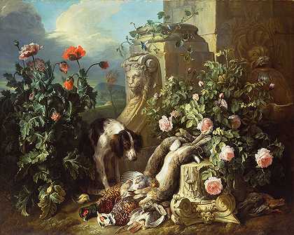 带着鲜花和死亡猎物的狗`Dogs with Flowers and Dead Game (c. 1715) by Alexandre François Desportes