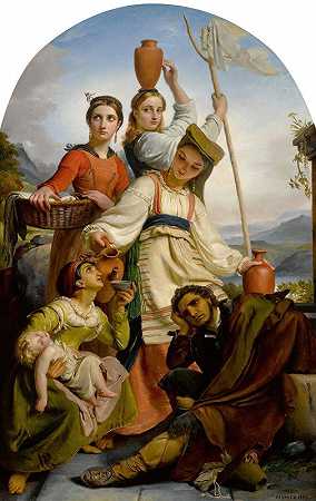 在芬迪附近的喷泉里给旅行者提供饮料和服装的年轻女孩`Jeunes filles à la fontaine donnant à boire à des voyageurs, costumes des environs de fundi (1848) by François-Joseph Navez