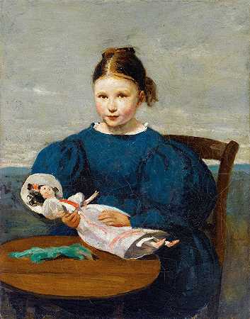 带着洋娃娃的小女孩`Little Girl with A Doll by Jean-Baptiste-Camille Corot