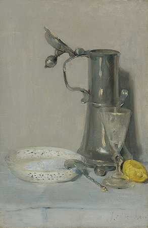 带Flagon、Glass和Bowl的静物画`Still Life With Flagon, Glass And Bowl by Julian Alden Weir
