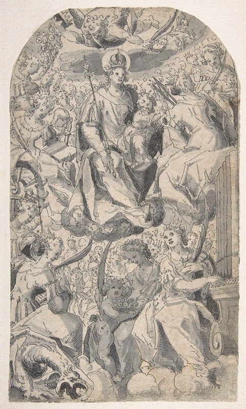 麦当娜和孩子被包围了`
Madonna and Child Surrounded by Female Saints (1600–1678)  by Female Saints by Joseph Heintz The Elder
